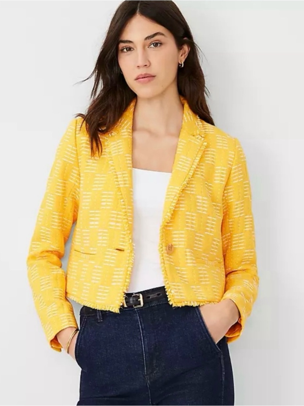 Ann Taylor Bright Yellow Cropped Tweed Blazer